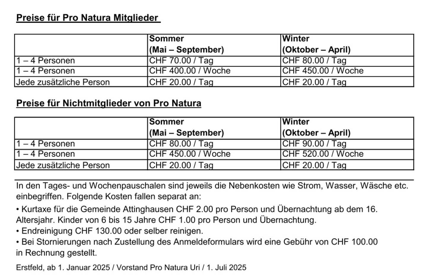 Preisliste Ferienhaus Brüsti